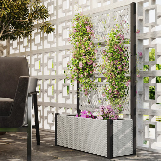 Wicker Outdoor Planter With Trellis, 58" Standing Garden Bed, Mixed Grey Raised Garden Beds Mixed Grey, Black at Gallery Canada