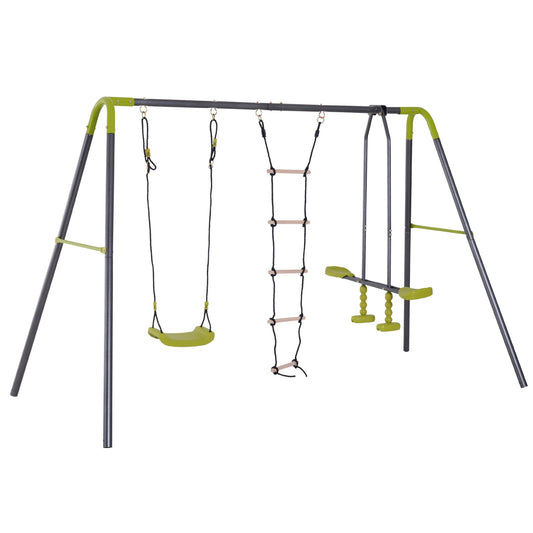 3 in 1 Kids Swing Set, Double Face to Face Swing Chair &; Glider Set, Climbing Ladder A-Frame Outdoor Heavy Duty Metal Swing Set for Backyard Playground - Gallery Canada