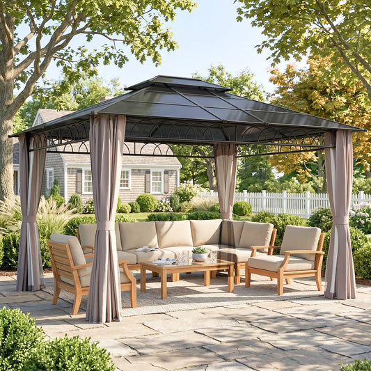 10' x 12' Hardtop Gazebo, Polycarbonate Roof, Steel Frame, Khaki Gazebos Black Roof, Dark Grey Frame, Khaki Curtains at Gallery Canada