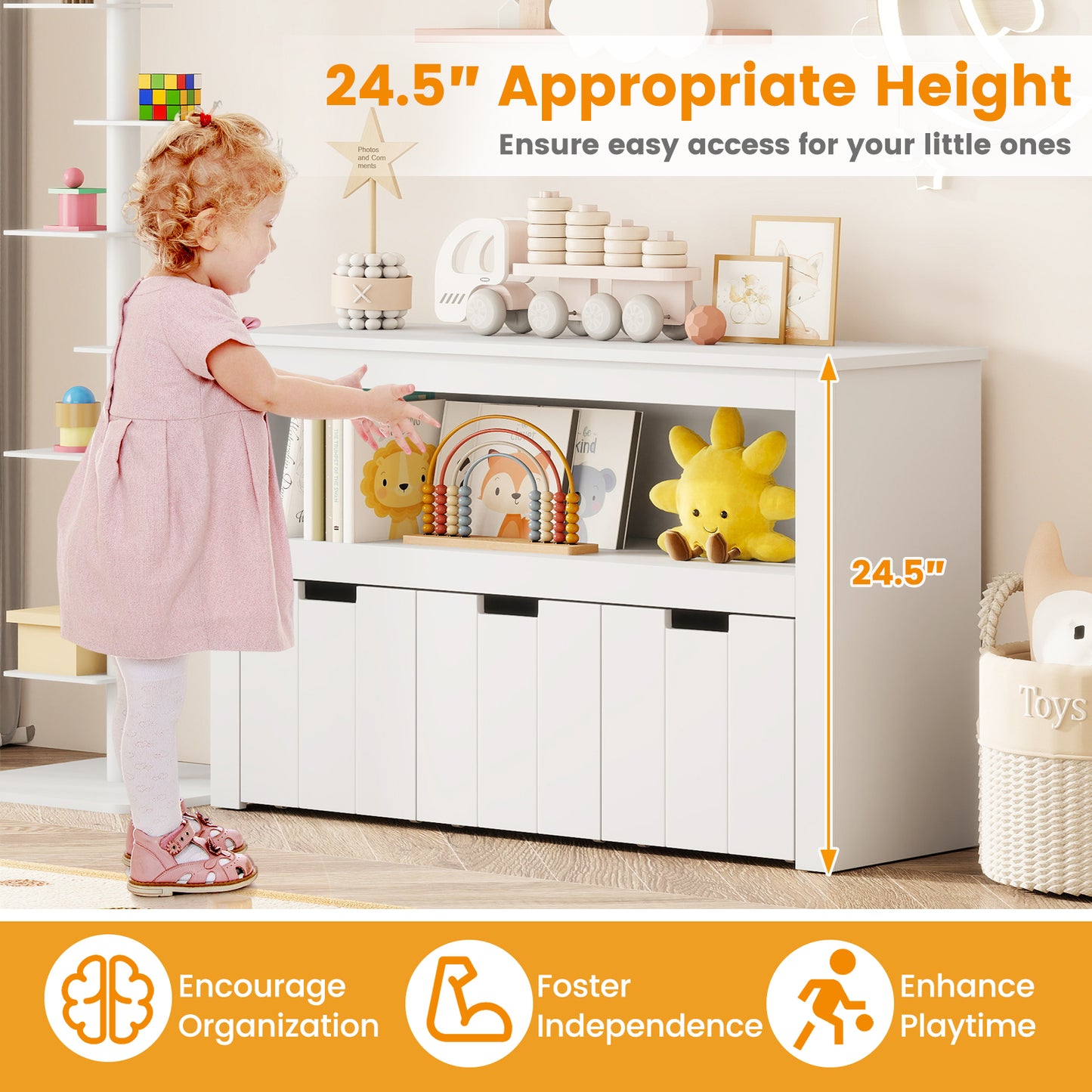 Kid Toy Storage Cabinet, 3 Drawer Chest With Wheels, White