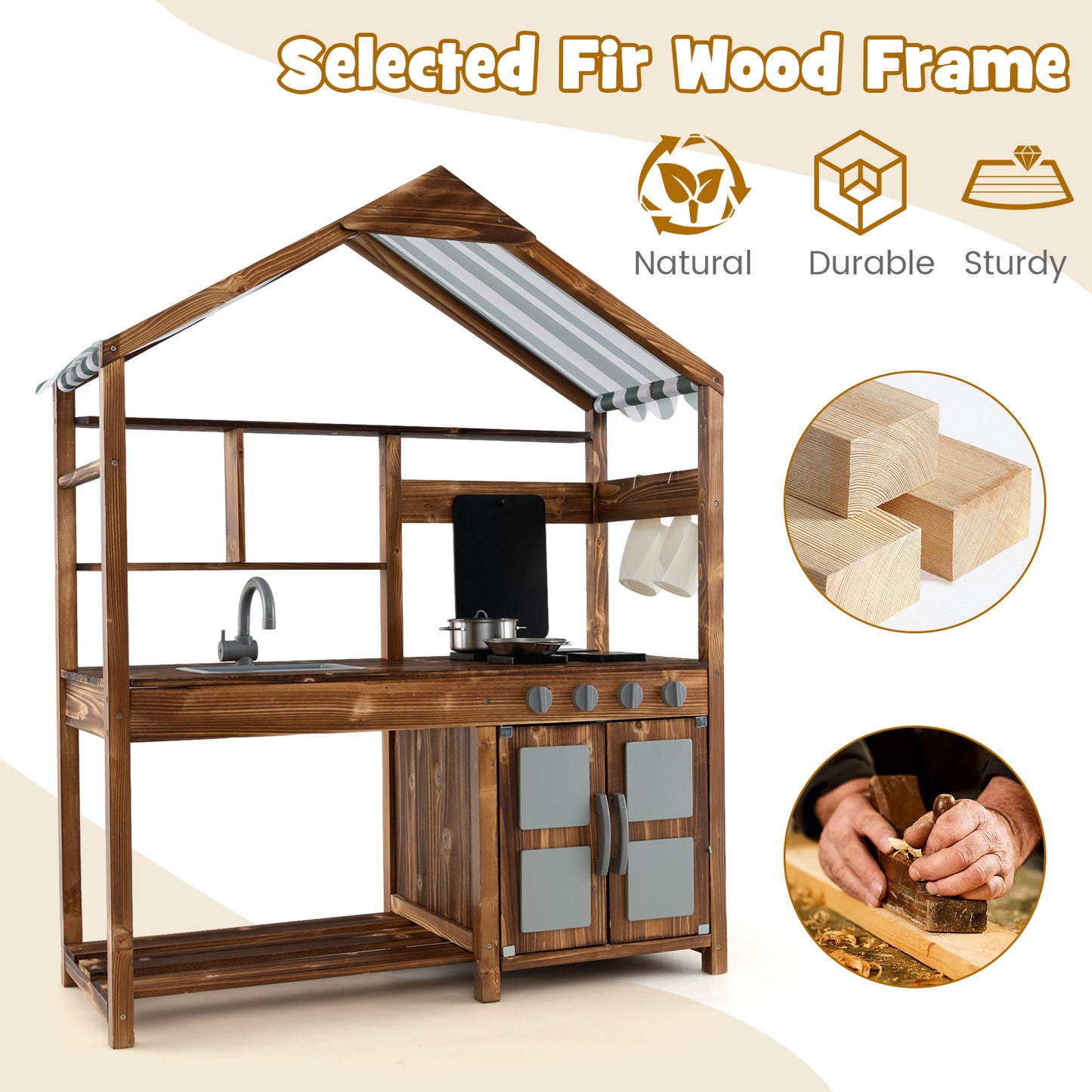 Kids Mud Kitchen Outdoor, Solid Wood, Natural