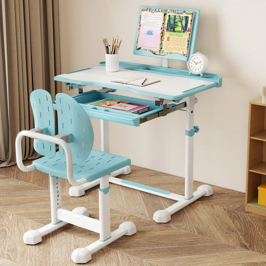 Kids Study Desk Chair Set, Tilt Desktop Book Stand, Blue