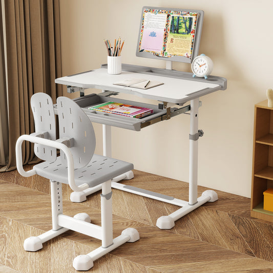 Kids Study Desk and Chair Set, Tilt Desktop, Book Stand, Gray