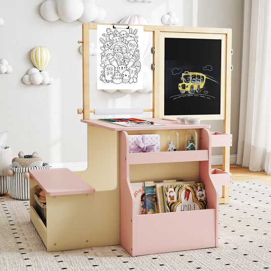 Kids Art Center Wooden Table Bench Set-PI, Pink Kids Table & Chair Sets Pink at Gallery Canada