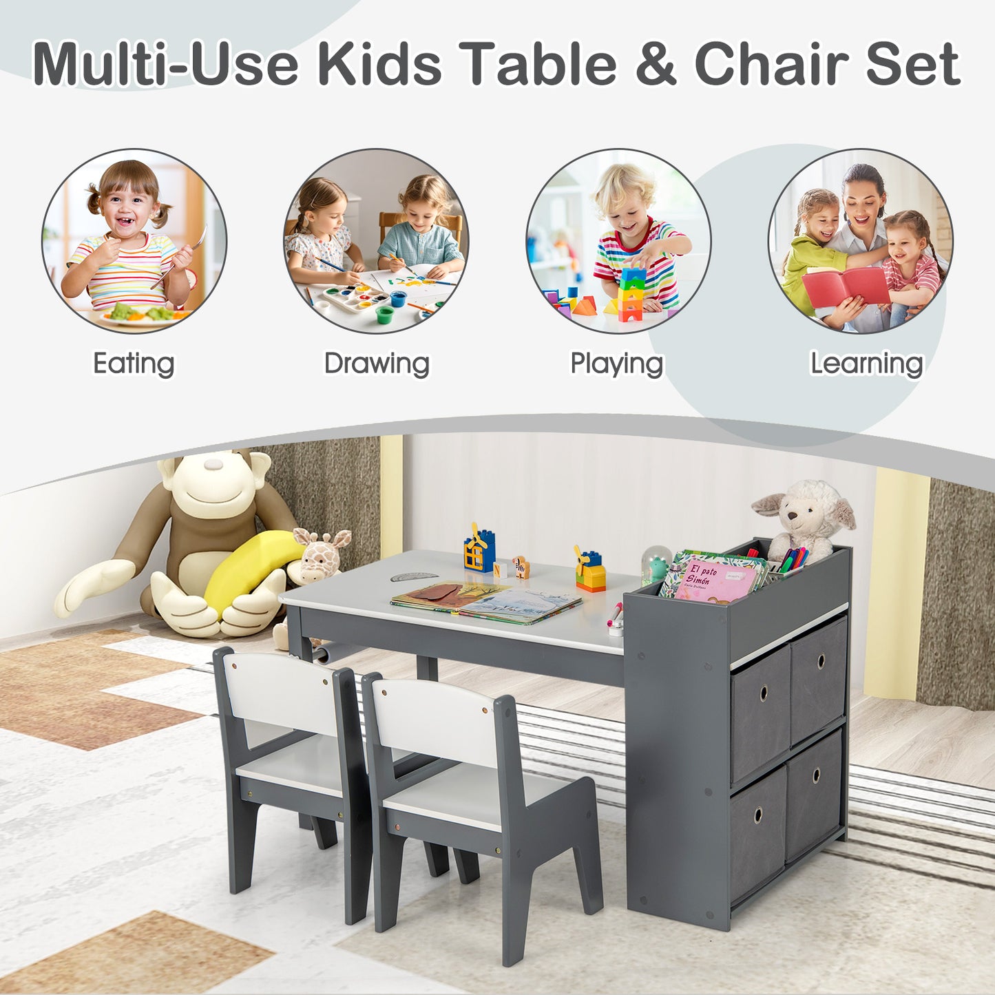 Kids Art Table And Chairs Set, 2 Chairs With Paper Roll, Gray Kids Table & Chair Sets at Gallery Canada