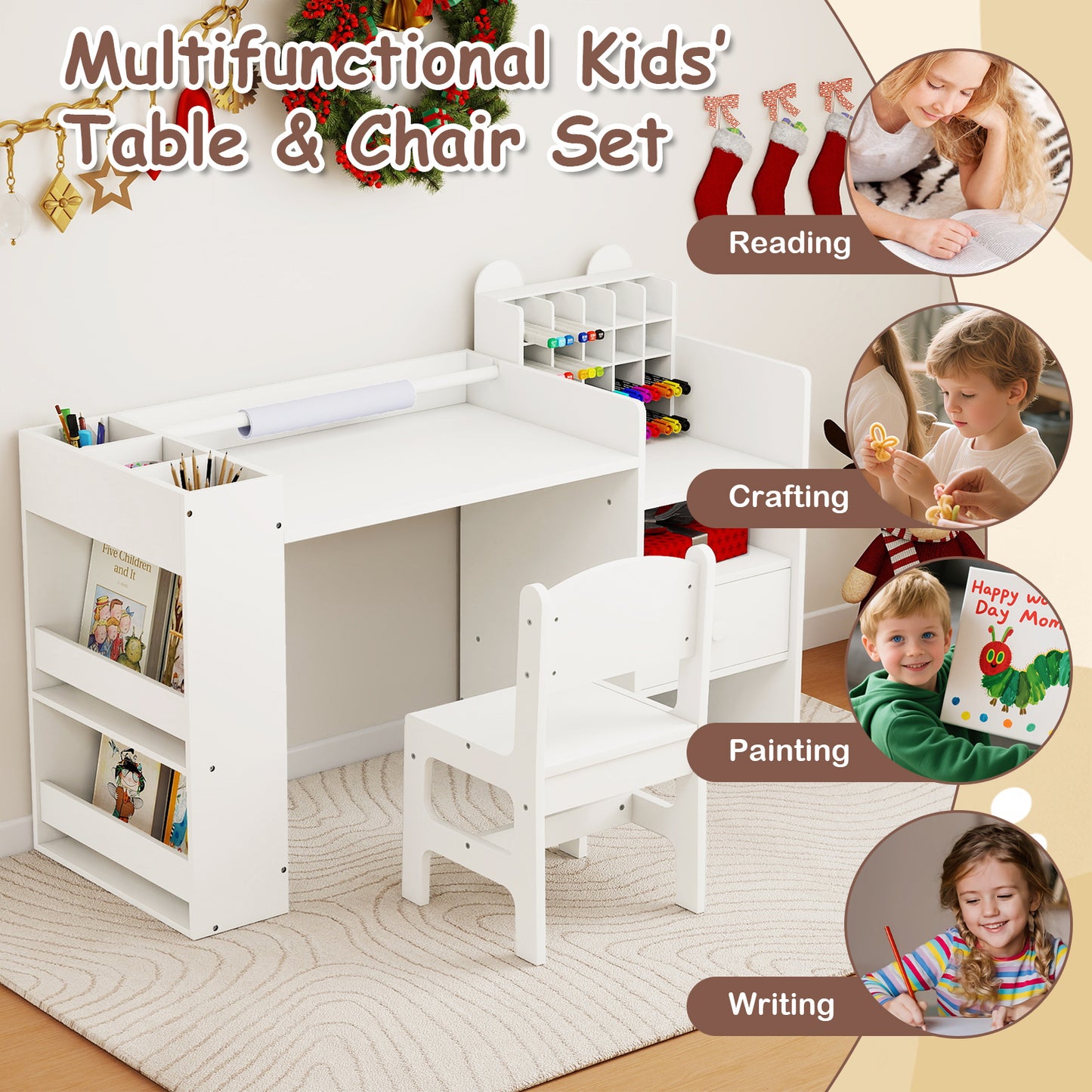 Kids Art Table and Chair Set with Detachable Paper Roll Holder and Cabinet, White Kids Table & Chair Sets at Gallery Canada
