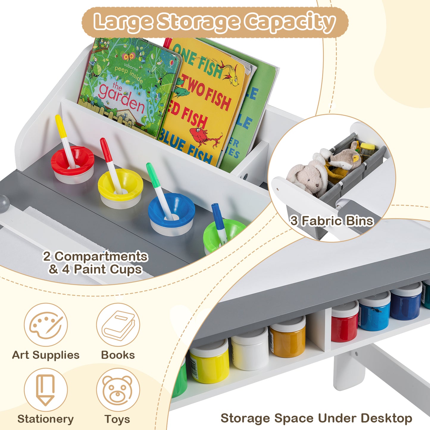 Kids Art Table and Chair with Paper Roll and Fabric Bins for Drawing Reading Studying Playing, Gray Kids Table & Chair Sets at Gallery Canada