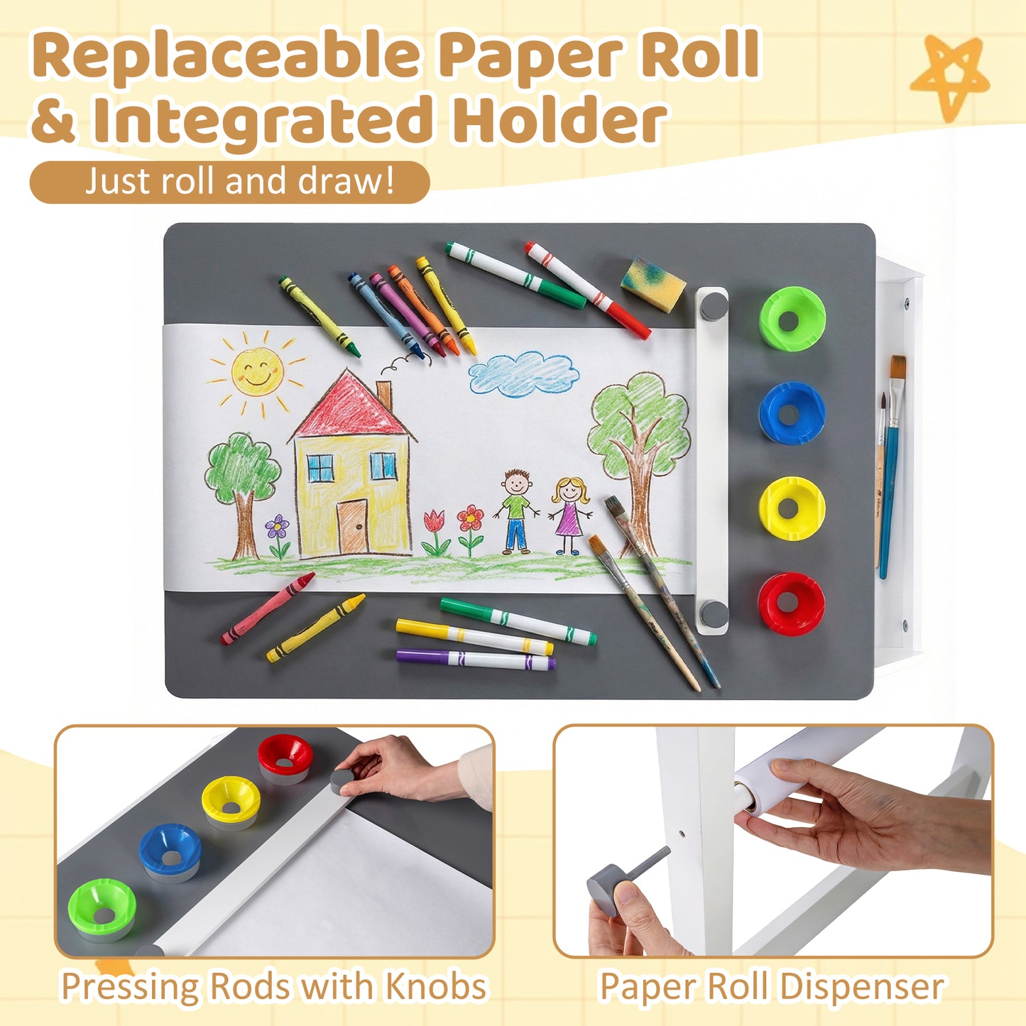 Kids Art Table and Stool Set Toddler Activity Desk with Paper Roll and 4 Paint Cups for Drawing Learning, Gray Kids Table & Chair Sets at Gallery Canada