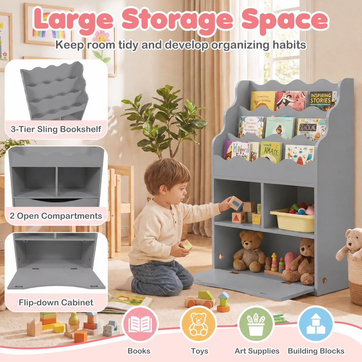 3-Tier Kids Bookcase with Shelves, Open Cubes, Flip Down Cabinet, Gray Bookcases at Gallery Canada