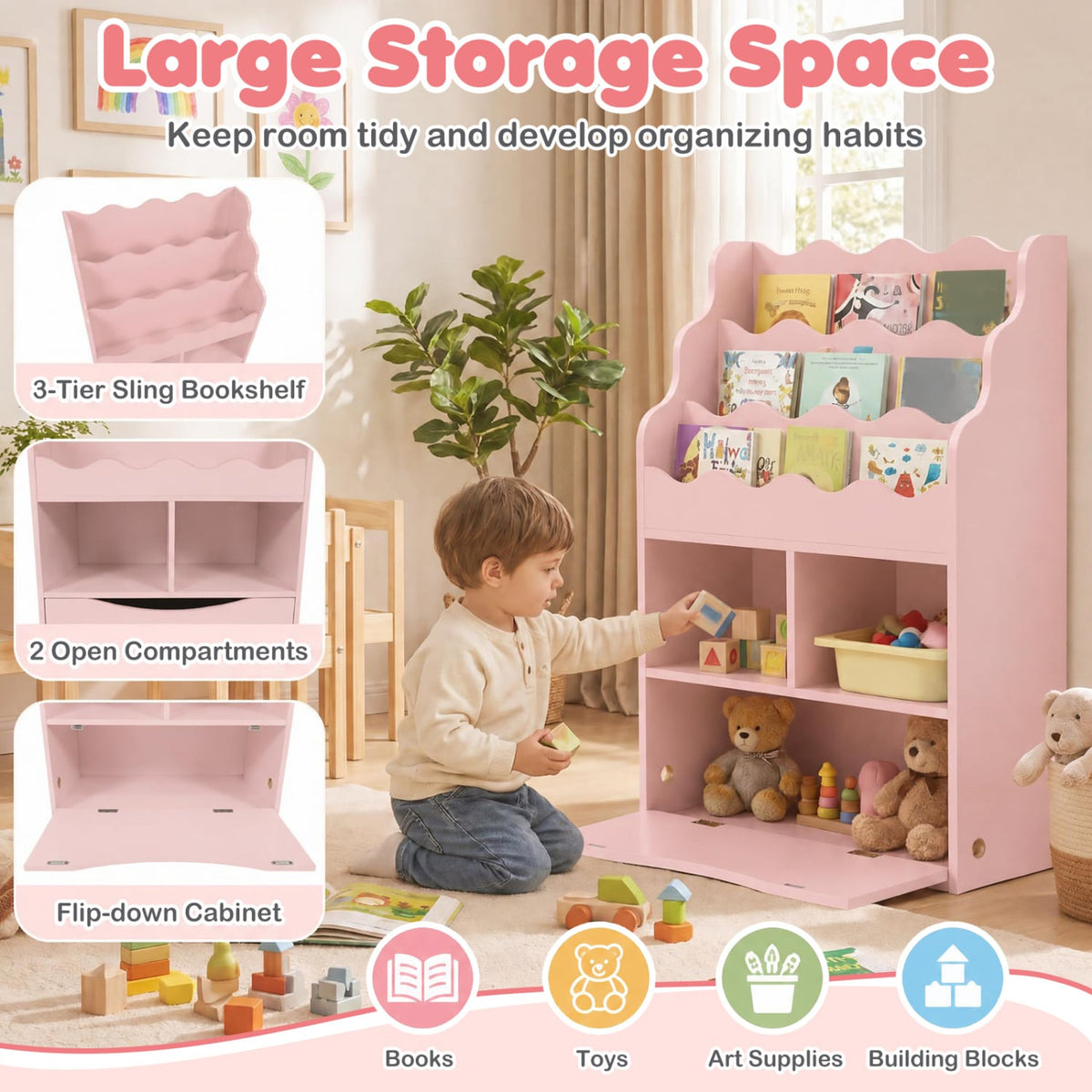 3-Tier Kids Bookcase, Sling Shelves, Open Cubes, Flip Down Cabinet, Pink Bookcases at Gallery Canada