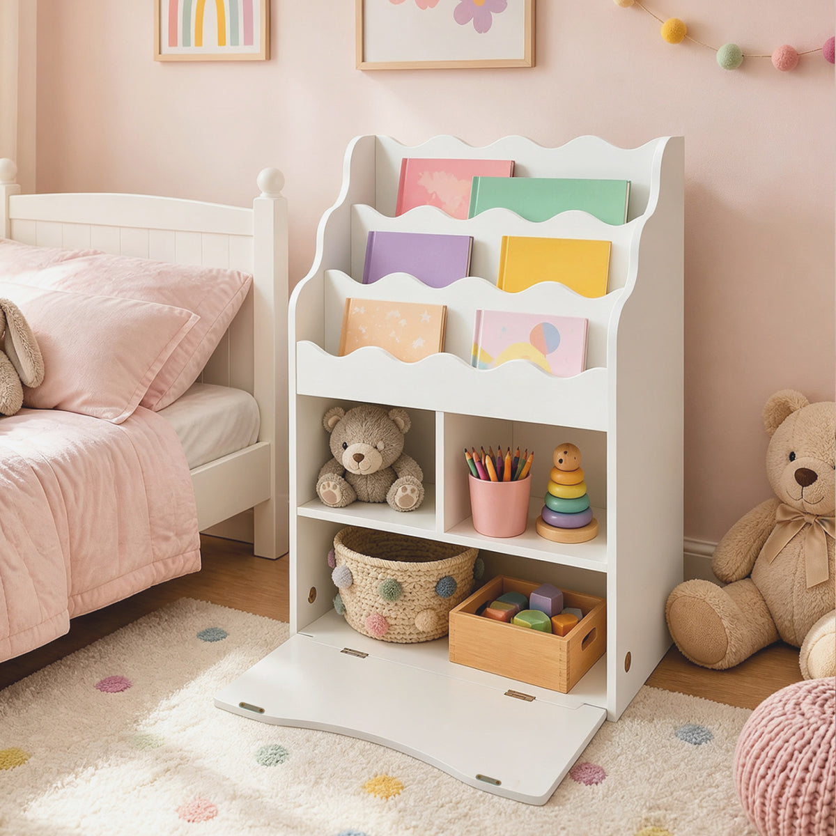 Kids 3-Tier Sling Bookshelf, Open Cubes, Flip Down Cabinet, White