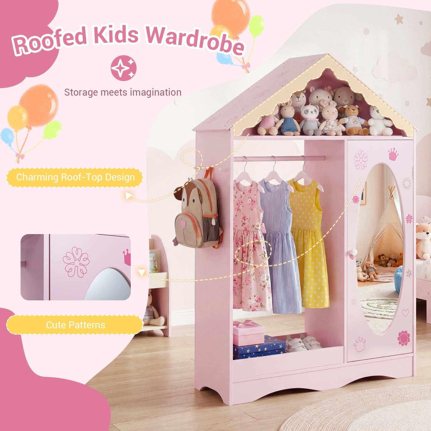 Kids Dress Up Storage with Mirror Roofed Wardrobe Closet with Open Hanging Rack, Pink Kids Storage at Gallery Canada