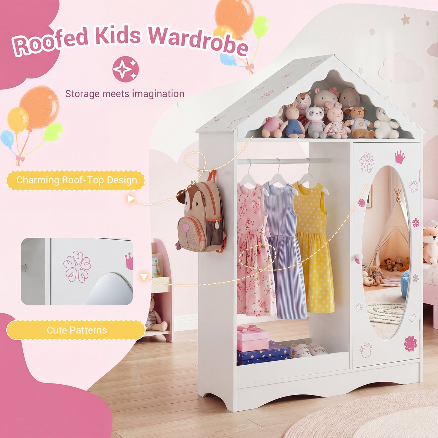 Kids Dress Up Storage with Mirror Roofed Wardrobe Closet with Open Hanging Rack, White Kids Storage at Gallery Canada