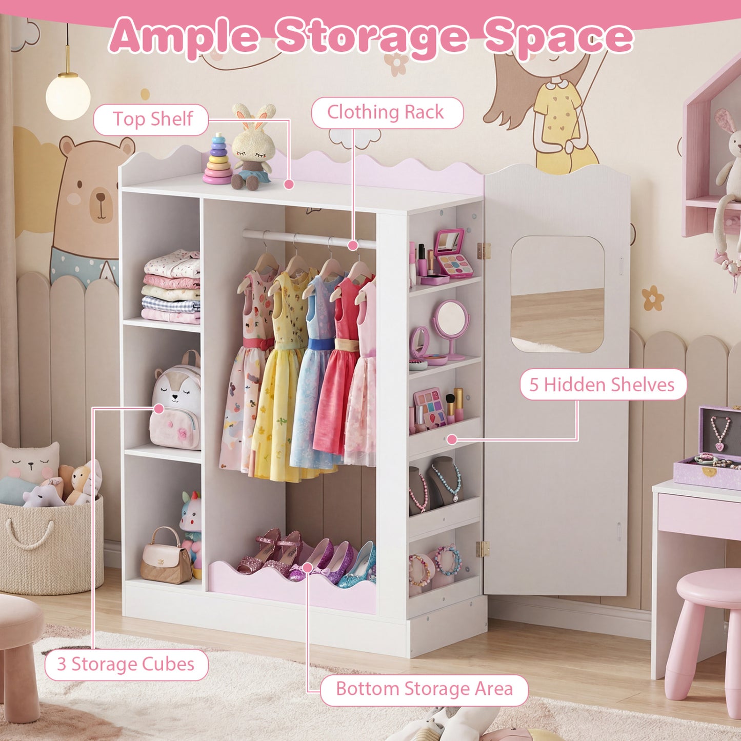Kids Dress Up Storage with Mirrors and Hanging Rack and Shelves for Bedroom, White & Pink Kids Storage at Gallery Canada