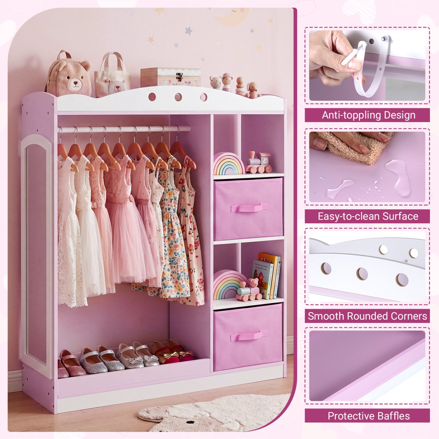 Kids Dress Up Storage with Full Length Mirror and Open Shelves, Pink Kids Storage at Gallery Canada