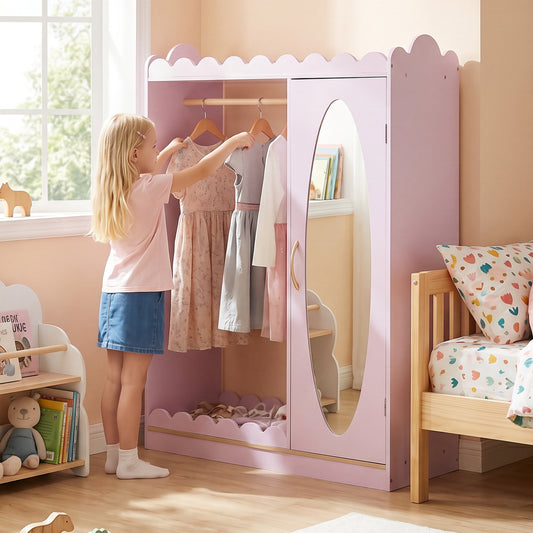 Kids Dress Up Storage with Mirror Door Cabinet, Pink