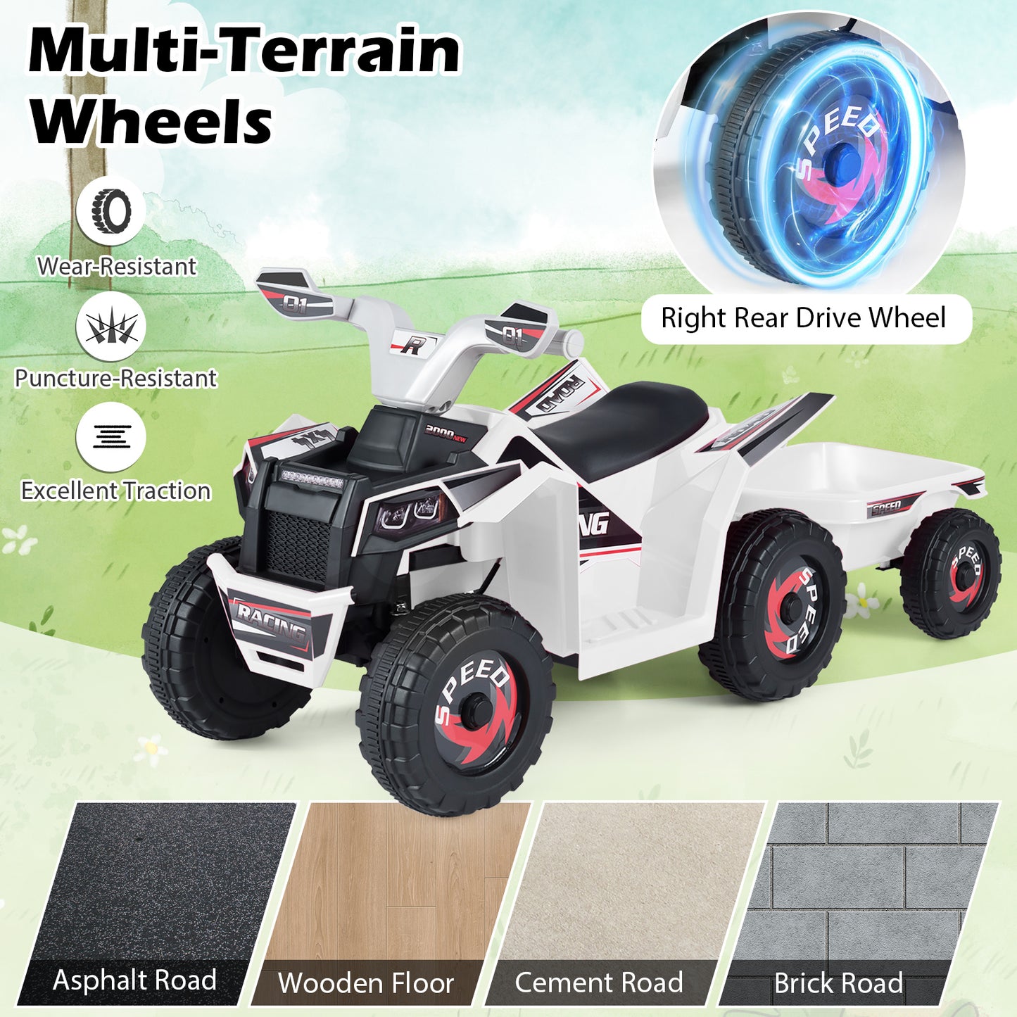 6V Kids Electric ATV Quad Car, With Detachable Trailer, White Powered Ride On Toys at Gallery Canada