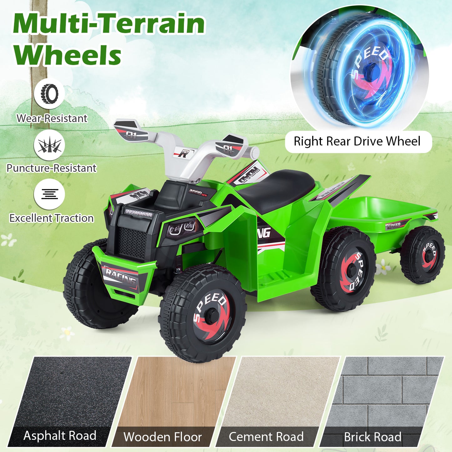 6V Kids Electric ATV Quad Car, Detachable Trailer, Green Powered Ride On Toys at Gallery Canada