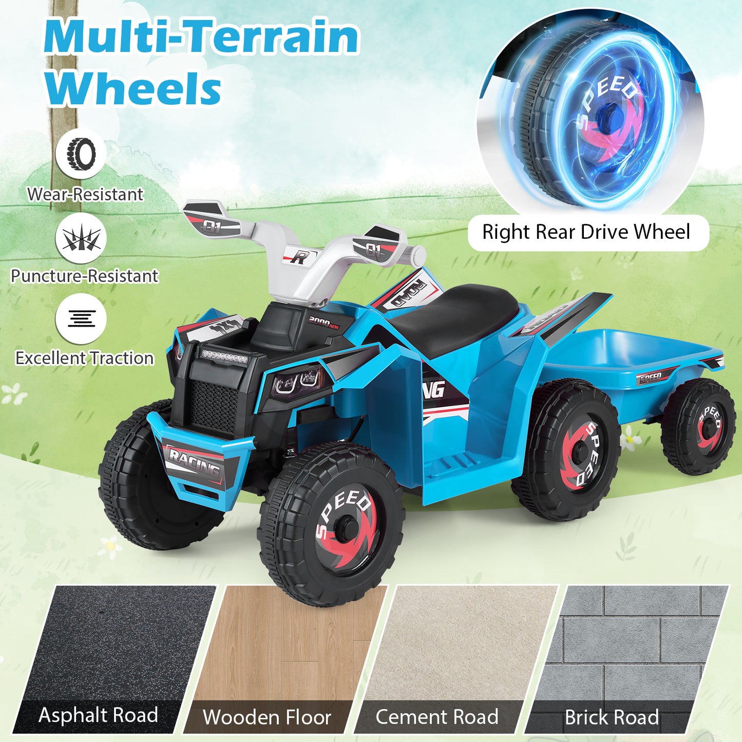 6V Kids Electric ATV Quad Car, Detachable Trailer, Navy Powered Ride On Toys at Gallery Canada
