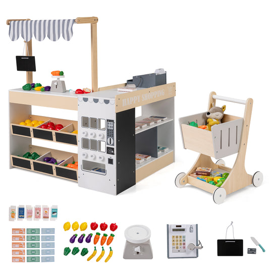 Kids Grocery Store Playset Wooden Pretend Play Supermarket with Shopping Cart, Natural Play Tents & Playhouse Natural at Gallery Canada