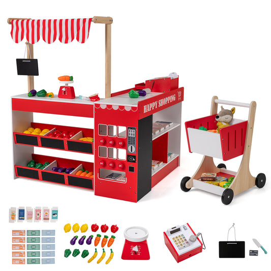 Kids Grocery Store Playset Wooden Pretend Play Supermarket with Shopping Cart, Red Play Tents & Playhouse Red at Gallery Canada