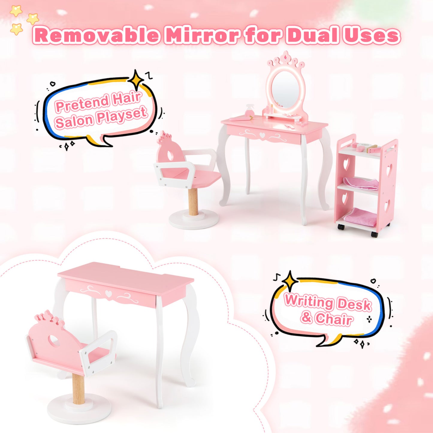 Kids Hair Salon Play Set, LED Mirror, Wooden Station, Pink Kids Vanities at Gallery Canada