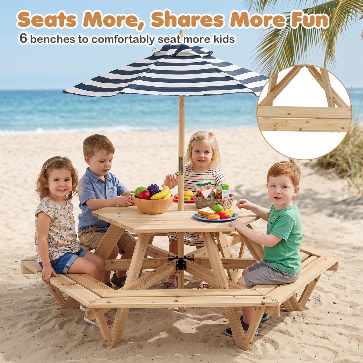 Kids Hexagonal Picnic Table with Adjustable Umbrella and Chairs, Natural
