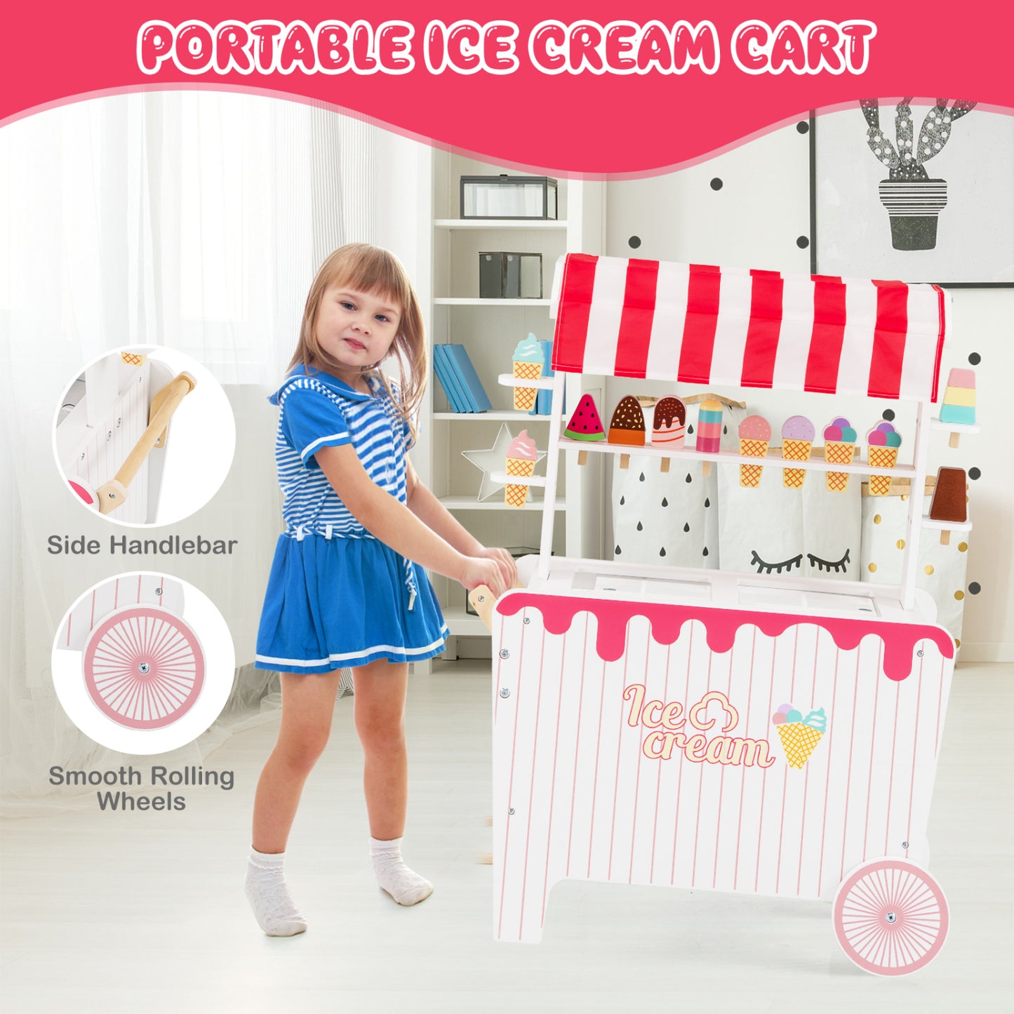 Kids Ice Cream Cart Playset with Display Rack and Accessories, Red Play Kitchen Sets at Gallery Canada