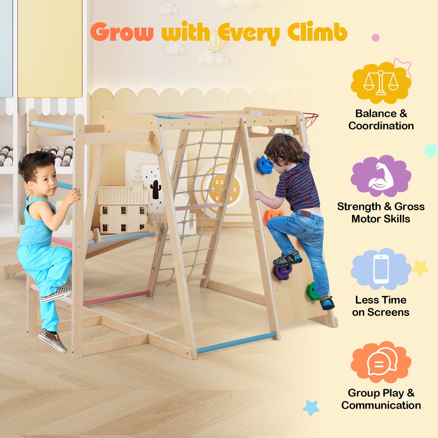 Kids Indoor Playground 6-in-1 Jungle Gym for 3-14 Years Olds, Macaron Climbers & Slides at Gallery Canada