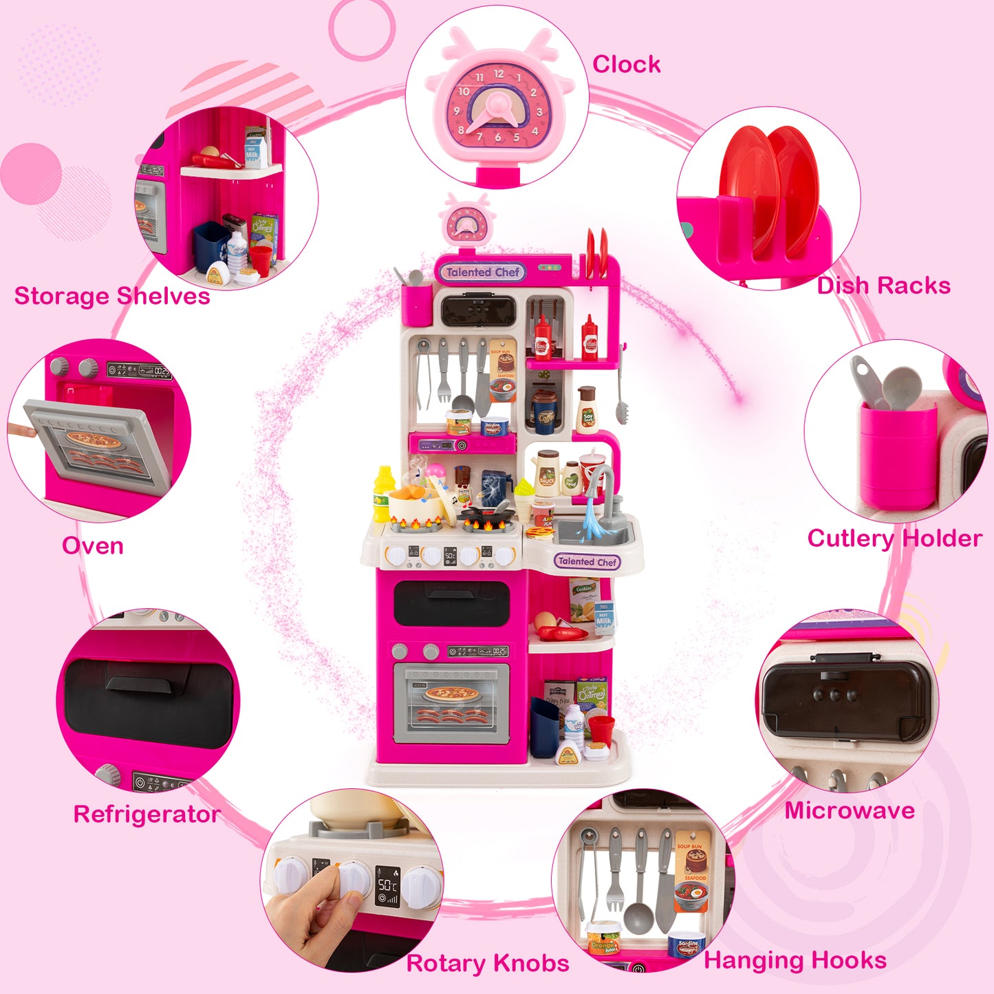 Kids Kitchen Playset Pretend Play Kitchen with Realistic Sounds and Lights, Pink