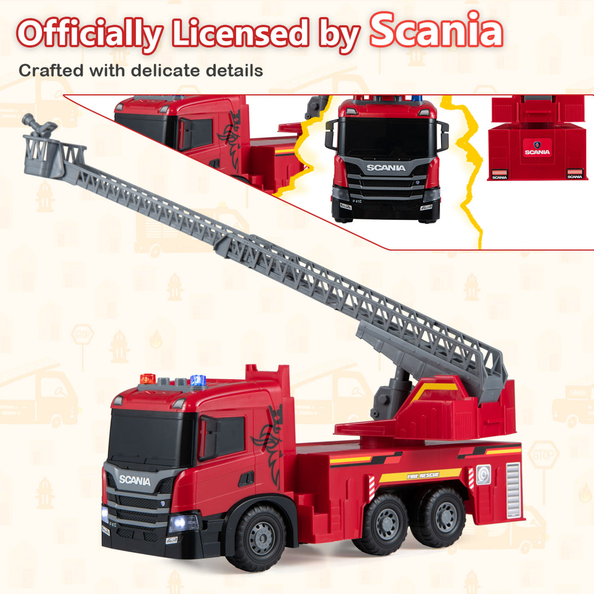 Camion de pompiers jouet grand modèle pour enfants, échelle extensible, rouge
