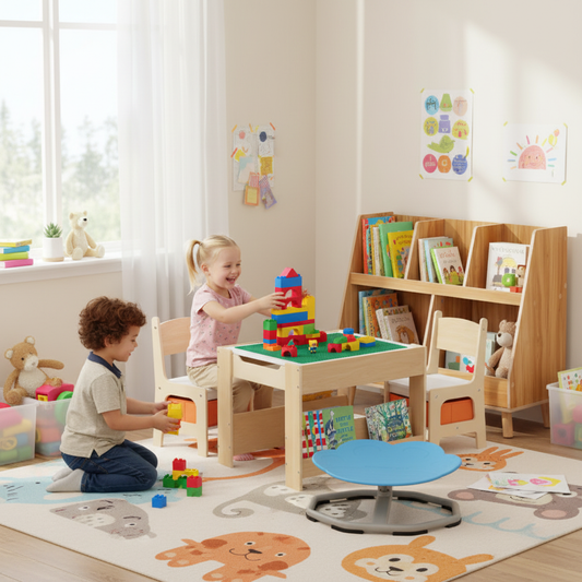 Kids Learning & Play Essentials Bundle — Bookshelf + 4-in-1 Activity Table Set + 360° Swivel Chair Kids Table & Chair Sets Options at Gallery Canada