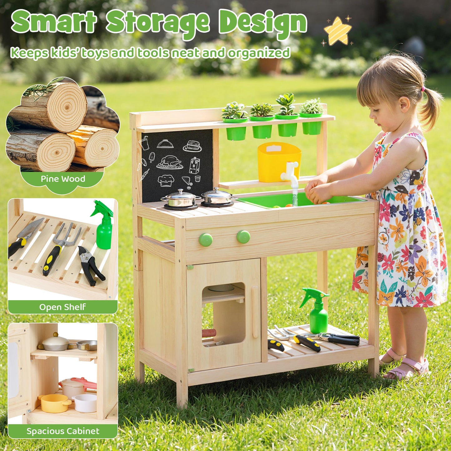 Kids Mud Kitchen Play Pretend Kitchen with Chalkboard for Kids Aged 3+ Play Kitchen Sets at Gallery Canada