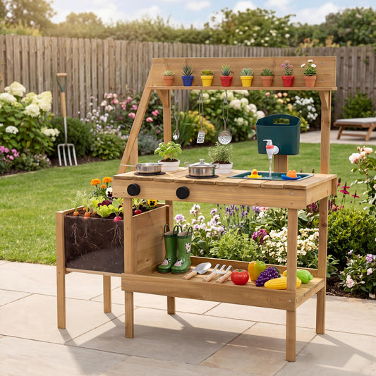 Kids Mud Kitchen Wooden Play Kitchen with Planter Box, Natural Play Kitchen Sets Natural at Gallery Canada