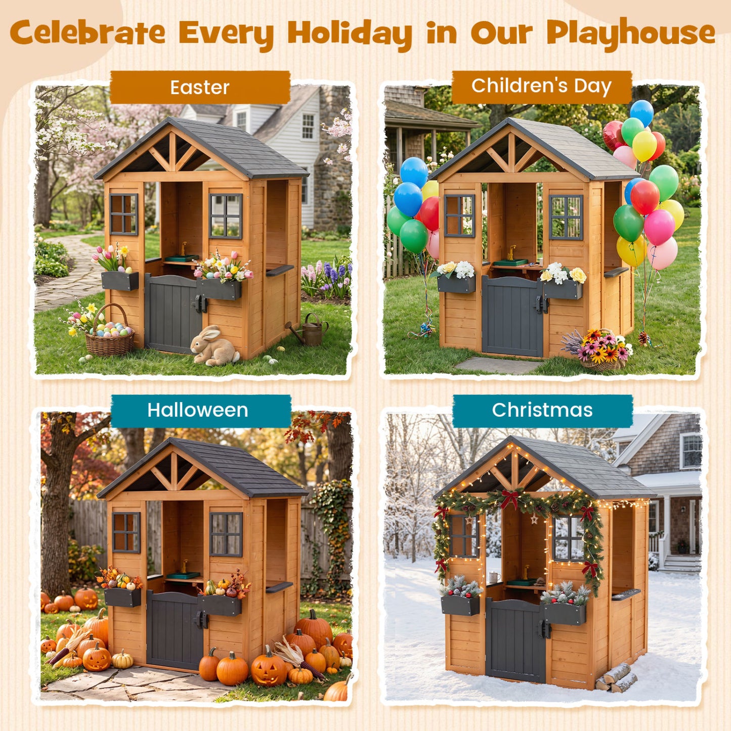 Kids Outdoor Playhouse with Sink, Wooden Cottage, Natural Play Tents & Playhouse at Gallery Canada