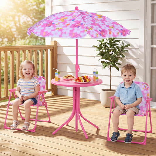 Kids Outdoor Table And Chair Set, 2 Folding Chairs, Height Adjustable Umbrella, Pink Kids Table & Chair Sets Pink at Gallery Canada