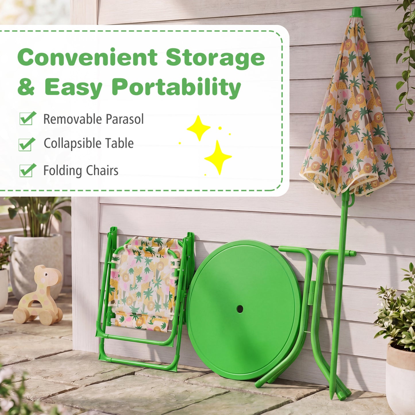 Kids Outdoor Table And Chair Set, 2 Folding Chairs, Height Adjustable Umbrella, Beige Kids Table & Chair Sets at Gallery Canada