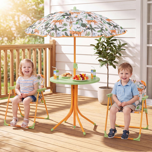 Kids Outdoor Table And Chair Set, 2 Folding Chairs, Height Adjustable Umbrella, Yellow Kids Table & Chair Sets Yellow at Gallery Canada