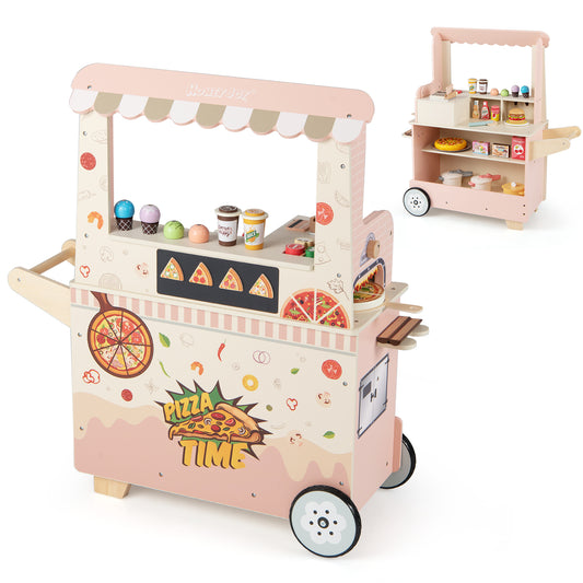 Kids Pizza Food Truck Wooden Pretend Play Snack Cart with Oven, Pink