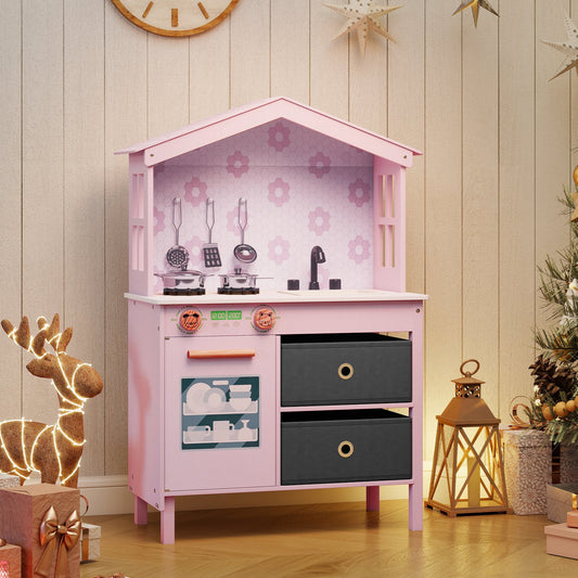 Kids Play Kitchen Children Toy Kitchen Playset with 2 Stoves and Rotation Knobs, Pink Play Kitchen Sets Pink at Gallery Canada