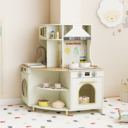 Kids Play Kitchen Wooden Corner Kitchen Playset with Working Faucet and Sink, Beige Play Kitchen Sets Beige at Gallery Canada