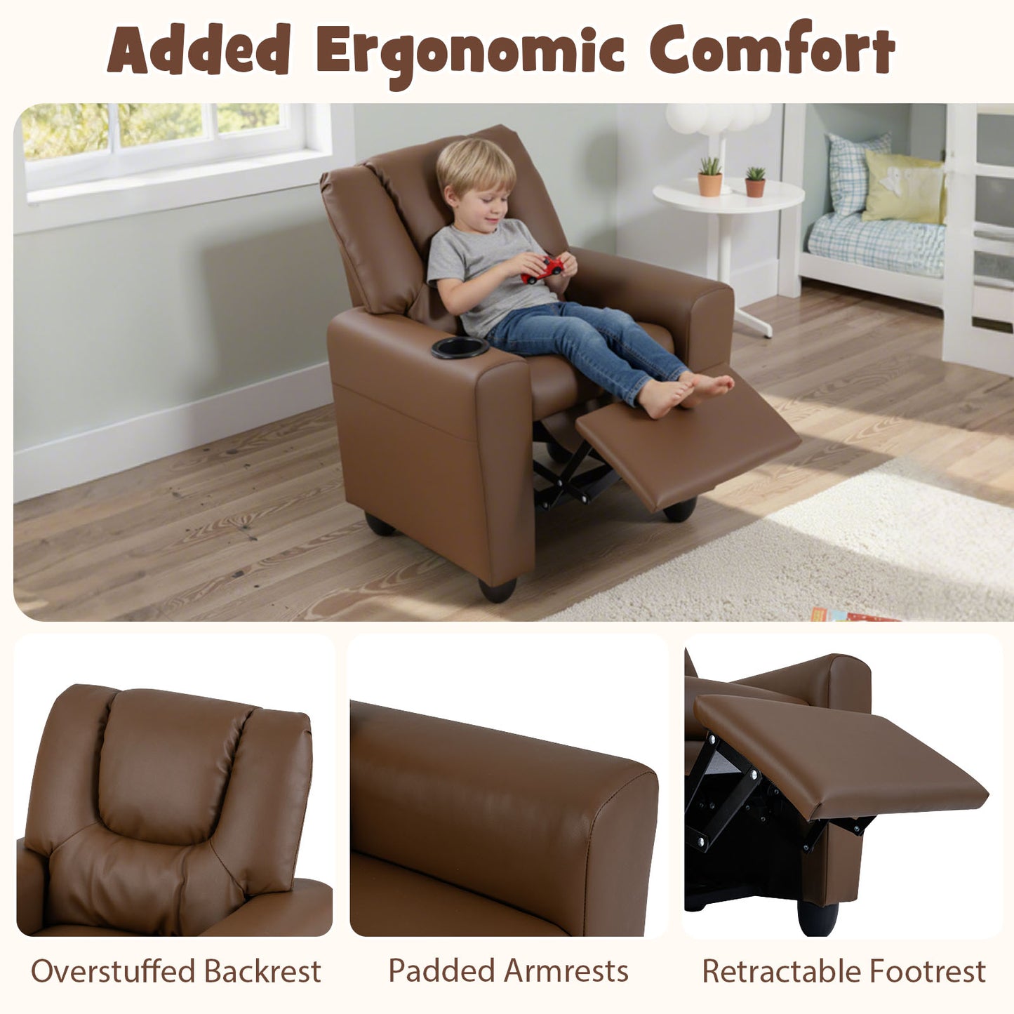 Kids Recliner Chair Push Back Toddler Reclining Armchair with Cup Holder, Brown Kids Chairs & Seating at Gallery Canada