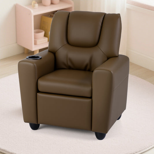 Kids Recliner Chair, Push Back Toddler Armchair With Cup Holder, Brown