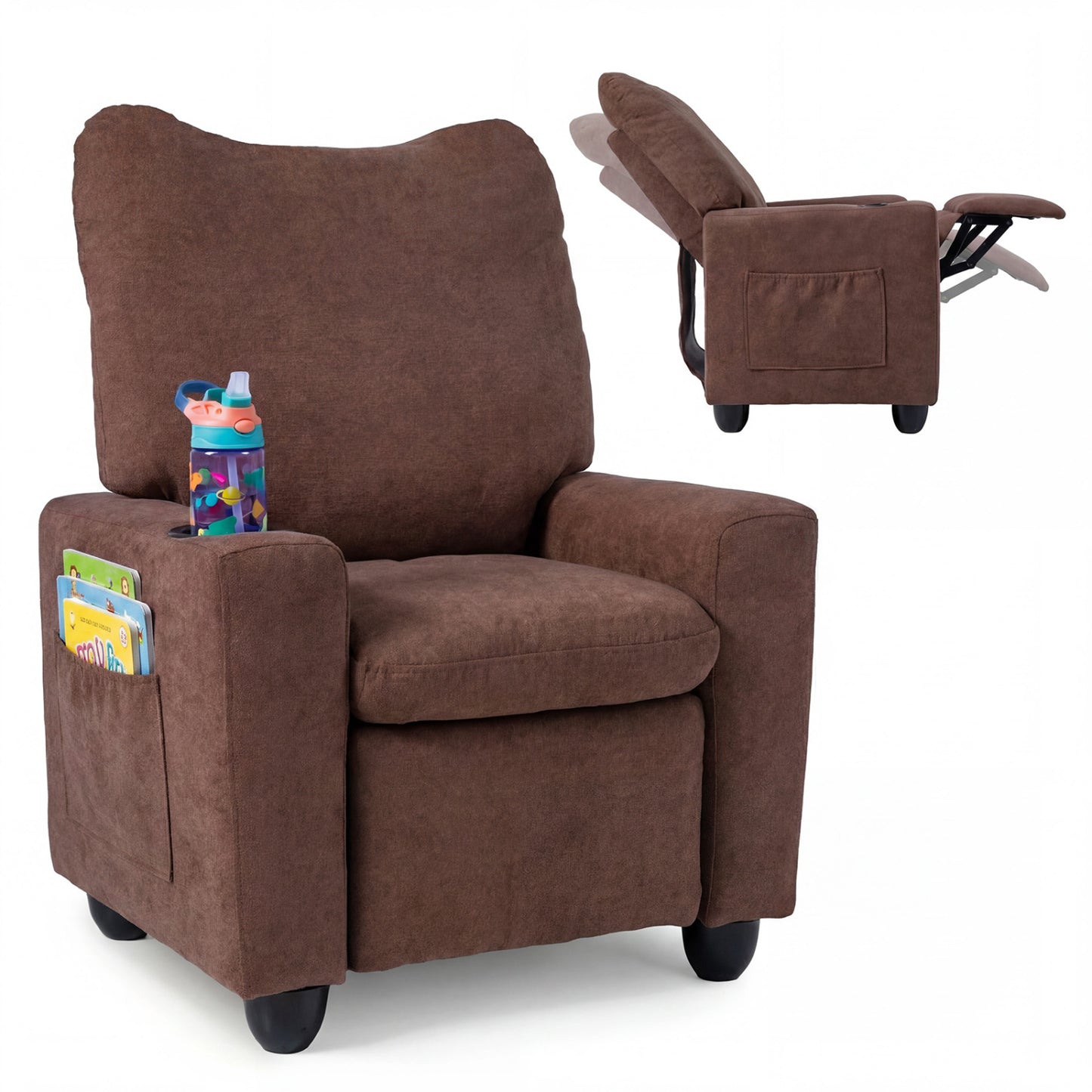 Kids Recliner Toddler Single Sofa with Adjustable Footrest and Cup Holder, Brown Kids Chairs & Seating at Gallery Canada