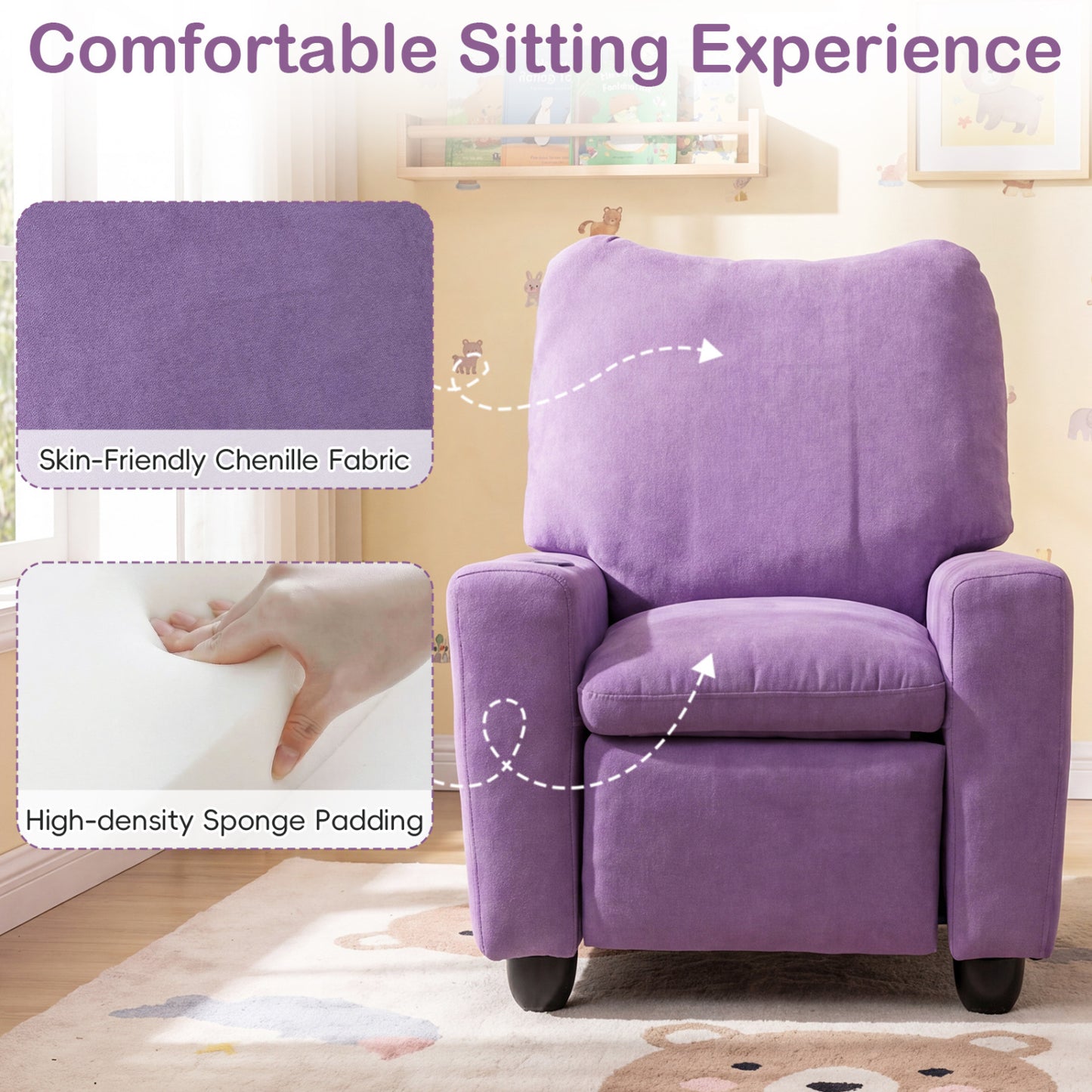 Kids Recliner Toddler Single Sofa with Adjustable Footrest and Cup Holder, Purple Kids Chairs & Seating at Gallery Canada