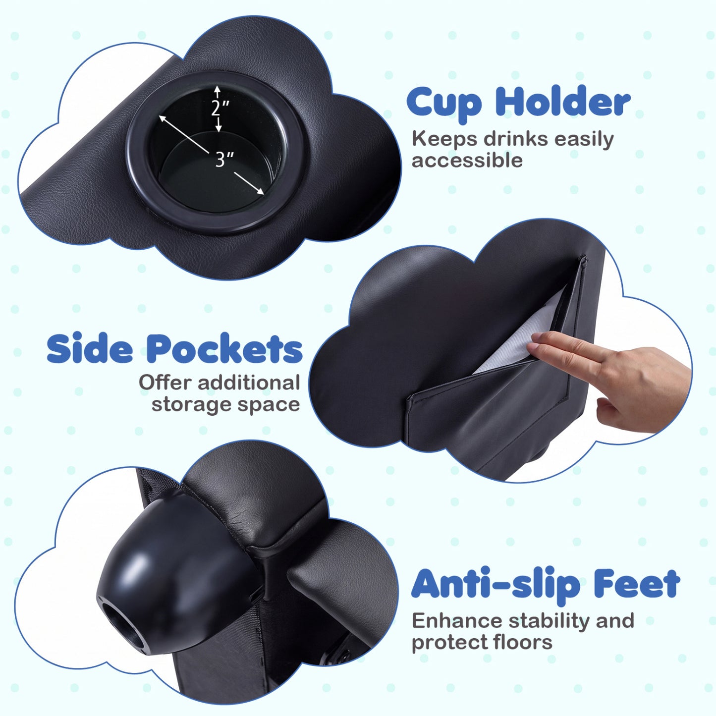 Fauteuil inclinable pour enfants avec porte-gobelet, dossier réglable, noir