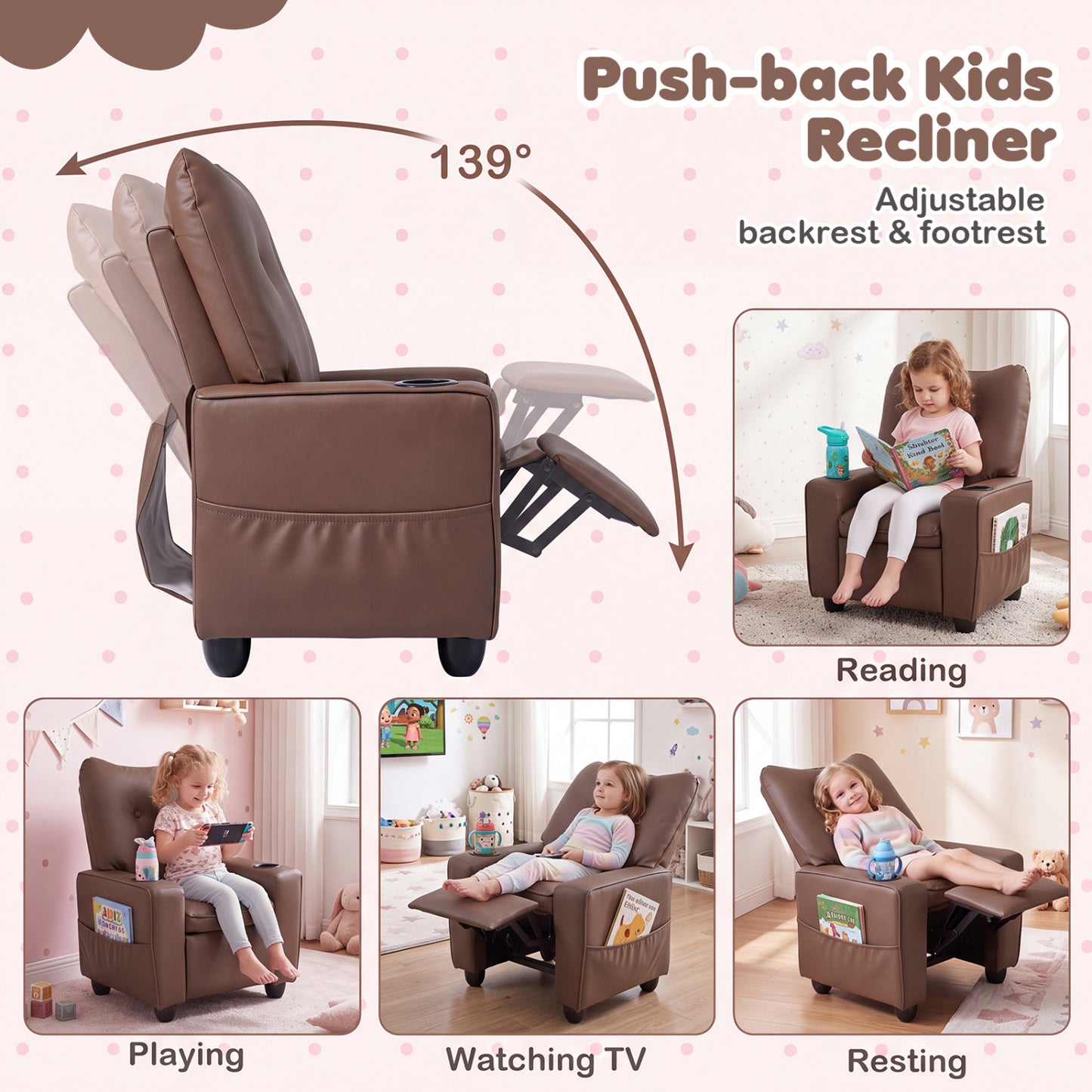 Fauteuil inclinable pour enfants avec porte-gobelet, dossier réglable, marron