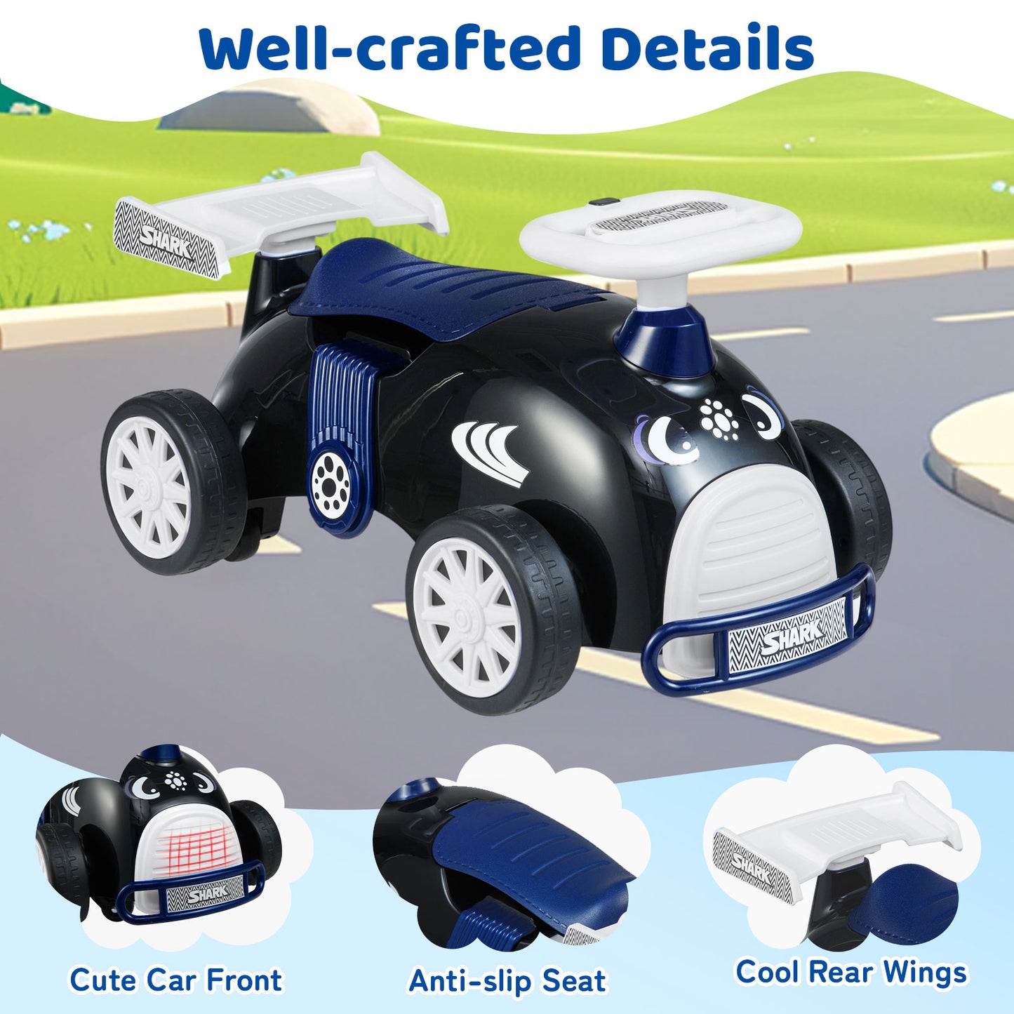 Kids Ride On Car Sliding Toy with Music and Under-Seat Storage, Black & Blue Push & Pedal Ride On Toys at Gallery Canada