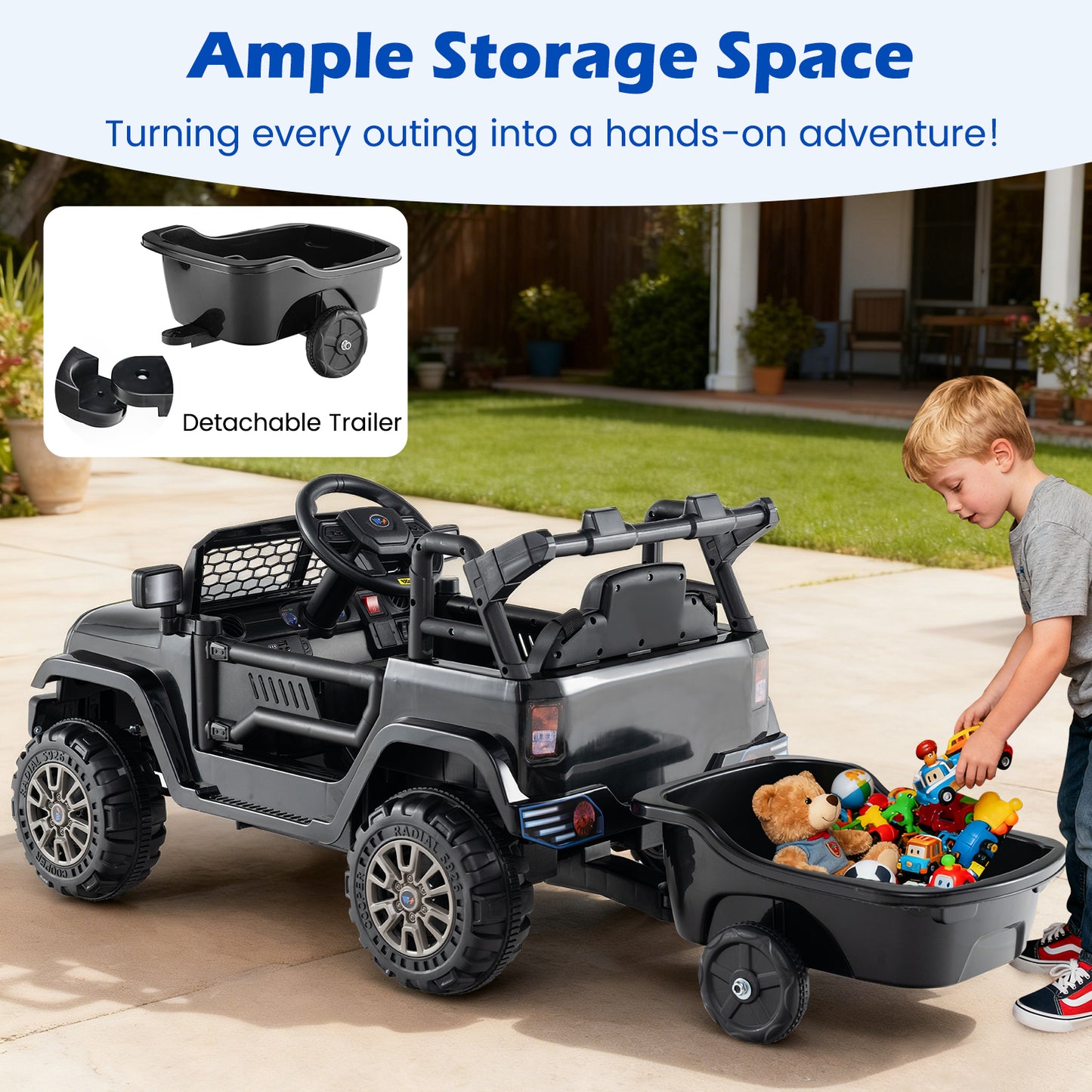 Kids Ride On UTV Car with Detachable Trailer 12V Battery Powered Ride On Truck, Black Powered Ride On Toys at Gallery Canada
