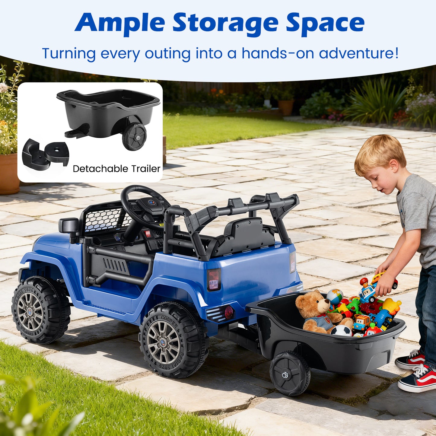 Kids Ride On UTV Car with Detachable Trailer 12V Battery Powered Ride On Truck, Navy Powered Ride On Toys at Gallery Canada